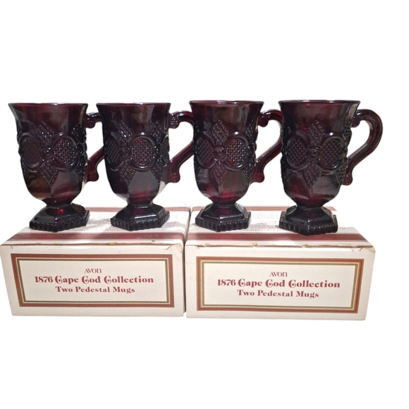VTG Avon 1876 Cape Cod Collection Ruby Red Footed Pedestal Mugs Set Of 4 NOB - Picture 1 of 11